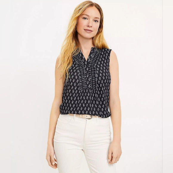 LOFT Floral Ruffle Button Mixed Media Shell - Picture 1 of 6